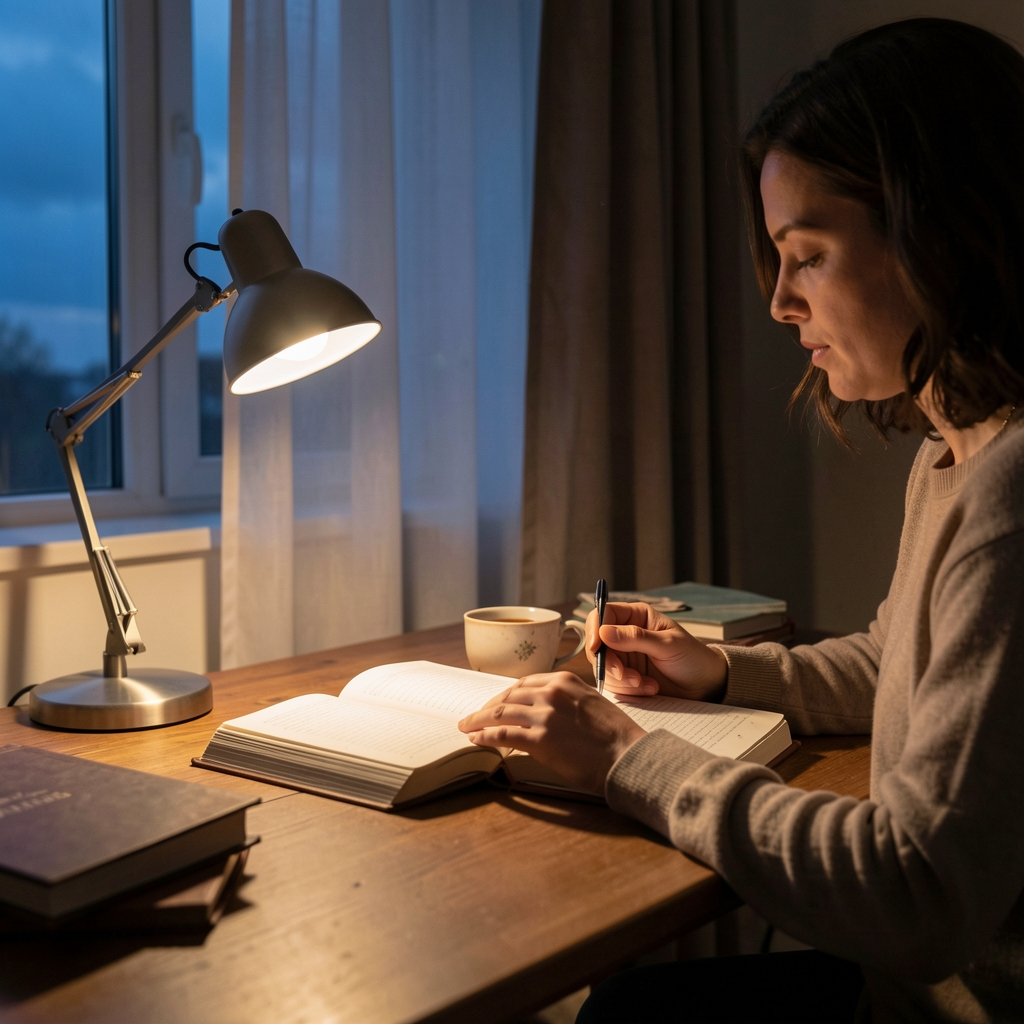 Person sitting at a wooden desk in the late evening, a dim desk lamp illuminating an open journal and a cup of herbal tea, curtains half-drawn to the darkening sky outside