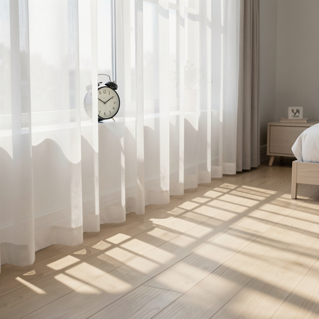 Early morning light filtering through a sheer white curtain in a clean bedroom, casting geometric shadow patterns across the pale wooden floor, an alarm clock showing 6:30am on the windowsill
