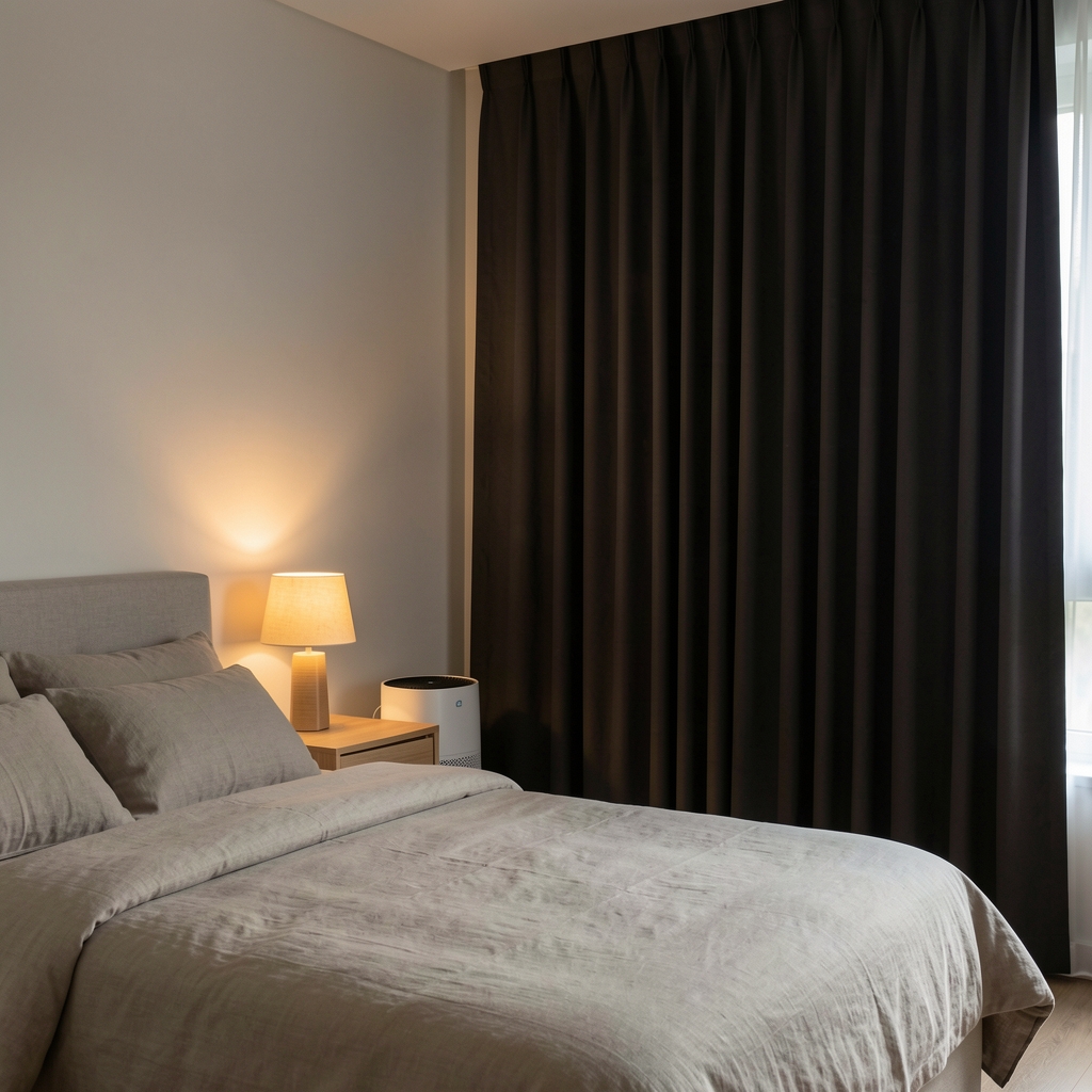 Minimal bedroom interior with blackout curtains drawn, a compact air purifier in the corner, the only light source a small warm-toned bedside lamp, bedding in neutral linen tones