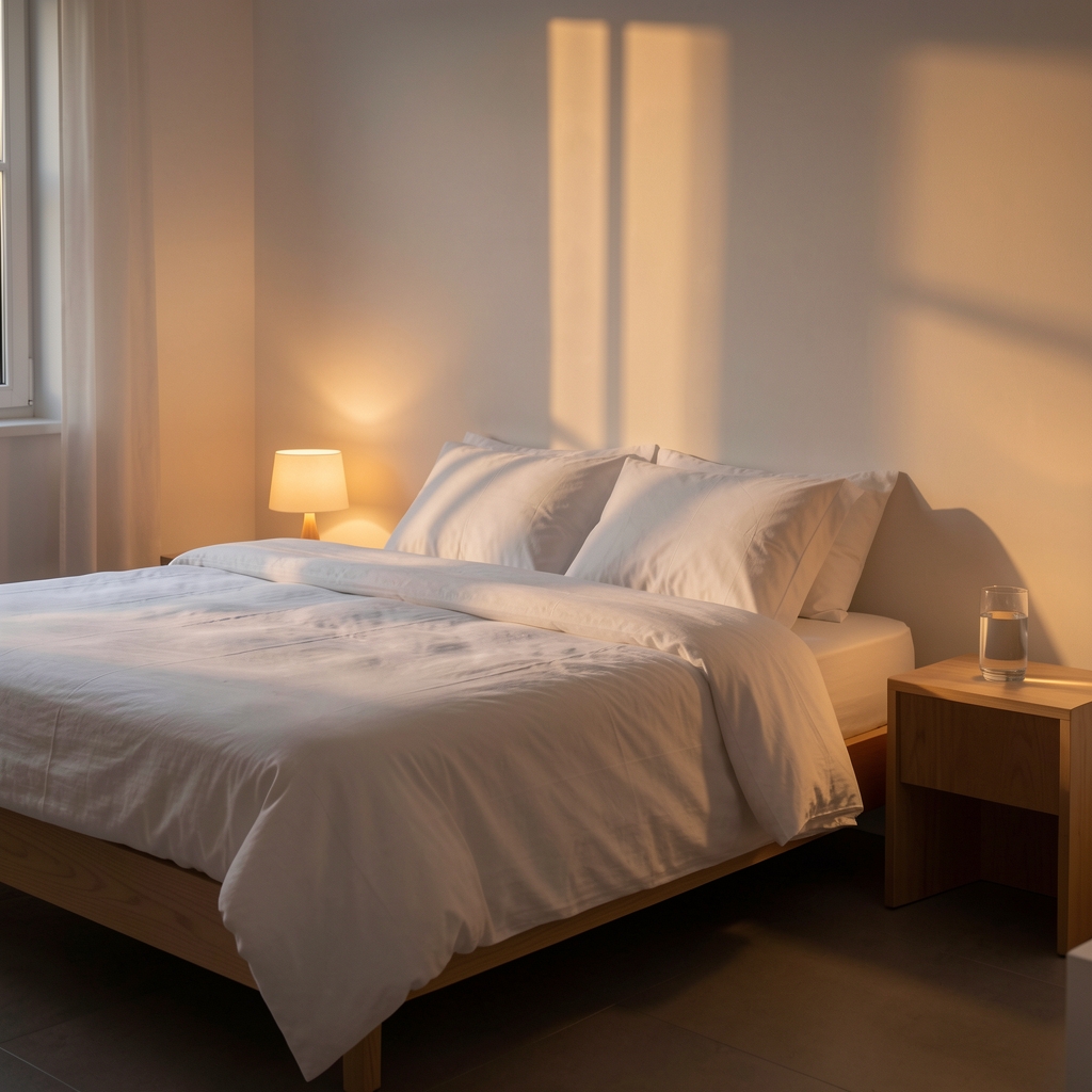 Softly lit bedroom at dusk with white linen sheets on a low wooden bed, warm lamplight casting long shadows across pale walls, a glass of water on a minimalist bedside table